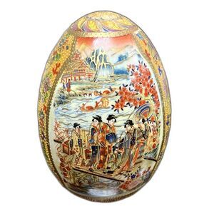 Vintage Ceramic Large Satsuma Hand Painted  Egg Floral Geisha Girls
